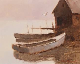 2033
Jerry Von Megert
(1938-2024)
Two boats docked at the lake
Oil on Masonite
Signed lower right: Von Megert
12" H x 16" W
Estimate: $300 - $500