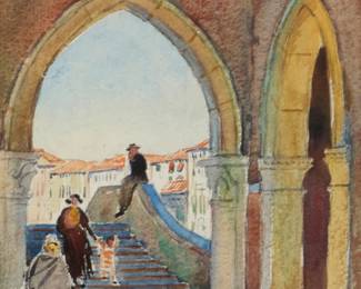 2140
Frederick Knecht Detwiller
(1882-1953)
Figures on a bridge
Watercolor on paper
Signed lower left: F.K. Detwiller
Sight: 13.5" H x 9.5" W
Estimate: $400 - $600