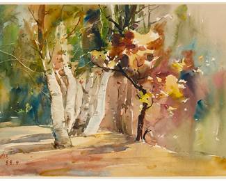 2093
Liu Fenglan
(b. 1944)
"White Willow & Red Leaves," 1988
Watercolor on paper
Signed in Chinese and dated lower left: 88.9; inscribed in Chinese characters and with the artist's name in blue ink, possibly in another hand, on the verso of the cardstock support sheet; titled by repute
Sheet: 14.75" H x 20.5" W
Estimate: $500 - $700