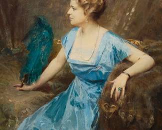 2324
Henri Royer
(1869-1938)
"Woman in Blue"
Oil on panel
Signed lower right: Henri Royer; titled on a label affixed verso
18" H x 14.75" W
Estimate: $600 - $800