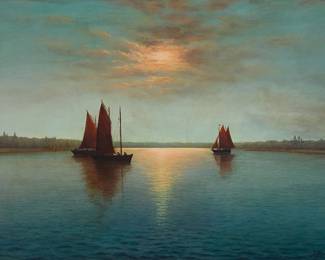 2039
J. Bruhl
(19th/early 20th century)
"Red sails in the sunset"
Oil on canvas
Signed lower right: J. Bruhl; titled in English and with a dated inscription in German, both in ink on the verso: "Unserem gelichten Achim! / Einfahrt und Ausfahrt / Hafen und Welt / 22.II[Roman numeral].1943," [To our departed Achim! / Entrance and Exit / Harbor and World / 22 February 1943], all in ink on the verso
20.25" H x 30.25" W
Estimate: $300 - $500