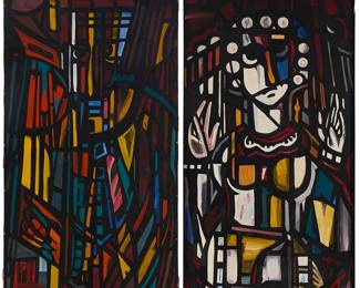 2308
Warren K. Pleasants
(1926-2014)
Two works: "Lucrete" and an abstract portrait, 1953
Each: Gouache on board
Each: Signed with the artist's fleur-de-lis device and dated in the lower left or upper right corner: 1953; one of the works is signed, titled, dated again, and inscribed, all on the verso: Lucret / By Warren Pleasants / Pittsburgh April 153
Each: 48" H x 24" W
Estimate: $600 - $800