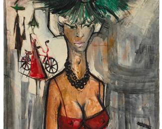 2351
Regis de Bouvier de Cachard
(1929-2013)
Woman with feather hat, 1962
Oil on canvas
Signed and dated along the center of the right edge: de Cachard / 62; inscribed "49-D" verso
40" H x 30" W
Estimate: $500 - $700
