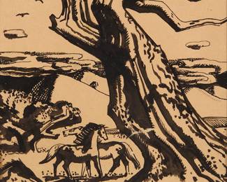 2392
Millard Owen Sheets
(1907-1989)
Modernist horses and cypress tree
Ink on paper
Signed in ink lower center: Millard Sheets
Sight: 6.625" H x 4.75" W
Estimate: $300 - $500