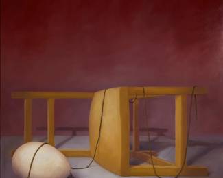 2173
Kay Kropp
(20th Century)
Untitled, sideways chair with egg and string, 1999
Oil on Masonite
Signed with the initial and dated lower right: K. '99; inscribed "Kay Kropp Show (DH)," verso
48" H x 48" W
Estimate: $600 - $800