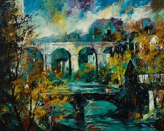 2041
Jack Laycox
(1921-1984)
"Viaduct in Luxembourg"
Oil on canvas
Signed lower right: Jack Laycox; signed again and titled, verso
30" H x 40" W
Estimate: $1,000 - $1,500