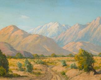 2105
Attributed to Joseph Frey
(1892-1977)
Palm Desert with mountains
Oil on canvasboard
Signed in another hand, verso: Joe. Frye [sic]
12" H x 16" W
Estimate: $400 - $600