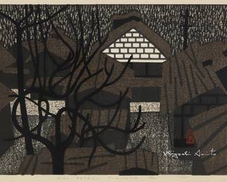 2209
Kiyoshi Saito
(1907-1997)
"Aizu Yanaizu, Fukushima," 1965
Woodcut in colors on paper
Edition: 78/100
Signed and with the artist's red ink chopmark in the image, lower right: Kiyoshi Saito; titled, dated, and numbered in pencil in the lower margin
Image: 14.875" H x 20.75" W; Sight: 16" H x 21.625" W
Estimate: $300 - $500