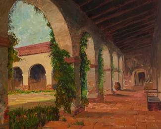 2075
Margaret Epeneter McDowd
(1894-1990)
"Capistrano Mission - California," 1938
Oil on canvas
Signed lower right: Margaret E. McDowd; titled and dated verso: 1938
19" H x 36" W
Estimate: $400 - $600