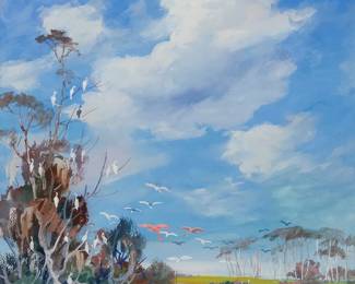 2056
Jean Jacques Pfister
(1878-1949)
"Life in the Everglades," 1940
Watercolor and gouache on paper
Signed lower right: Jean J. Pfister; signed again, titled, and dated in ink on a sheet of paper affixed to the frame's backing paper: Aug. 3d [sic] 1940
Sight: 20" H x 18" W
Estimate: $400 - $600