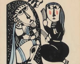 2222
Sadao Watanabe
(1913-1996)
"Job and his Wife," 1965-66
Woodcut in colors on Japan paper
From the edition of unknown size
Signed and dated in pencil, and with the artist's chopmark (now slightly attenuated from its original red ink), all in the lower margin: Sadao Watanabe / 1965
Image: 7.25" H x 6.125" W; Sight: 9.5" H x 7.875" W
Estimate: $200 - $300
