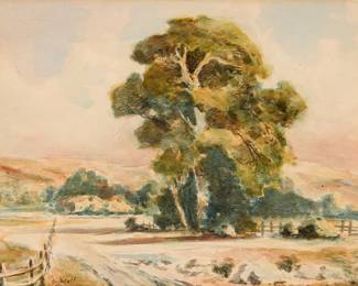 2101
20th Century California School
California landscape with eucalyptus and rolling hills
Watercolor on paper
Signed lower left: G. Wolf
Sheet: 6.625" H x 8.5" W
Estimate: $200 - $300