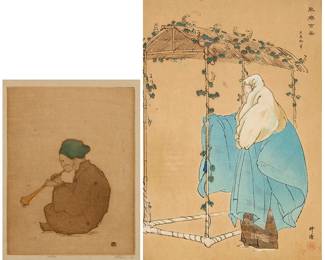 2227
Two early 20th century woodcut prints
Dorothy Potter Tyson (1891-1969)
"The Musician," 1923
Woodcut in colors on paper
From the edition of unknown size and date
Signed and dated in Roman numerals "MCMXXIII," in pencil in the lower margin: D P Tyson imp.
Image: 8" H x 5.875" W; Sight: 9" H x 6.5" W
Kogyo Tsukioka (1869-1927)
"Ohara-goko," from the "Nogaku hyakuban" series, 1924
Woodcut in colors on paper
From the edition of unknown size and date
With the black ink printed signature and red ink seal in Japanese, lower right; other black ink printed Japanese characters, upper right
Sight: 14.5" H x 9.5" W
Estimate: $150 - $250