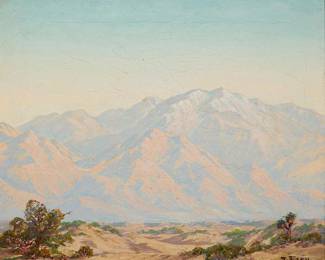 2102
Joseph Frey
(1892-1977)
Desert near Palm Springs with blue mountains
Oil on canvas laid to Masonite
Signed lower right: J. Frey
16" H x 20" W
Estimate: $600 - $800
