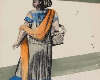 2325
Millard Owen Sheets
(1907-1989)
Standing woman with shawl and basket
Ink and gouache with a metallic painted border on paperboard
Signed in pencil lower right: Millard Sheets
10.75" H x 9.5" W
Estimate: $300 - $500