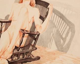 2341
Philip Pearlstein
(1924-2022)
"Nude with Rocker," 1977
Lithograph in colors on wove paper
An artist's proof, aside from the edition of 100
Signed and inscribed in pencil along the lower edge, at right: Philip Pearlstein / "Artist's Proof"; Landfall Press, Chicago, prntr.; American Friends of the Israel Museum, New York, pub.
Image/Sheet: 23" H x 33.75" W
Estimate: $400 - $600