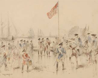 2385
Percy Moran
(1862-1935)
Soldiers congregated near a harbor
Watercolor and traces graphite on paper
Signed and with the artist's device lower left: © Percy Moran
Sight: 14" H x 20" W
Estimate: $400 - $600