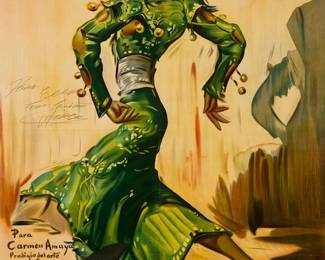 2355
Carmen Amaya signed Flamenco dancer poster, circa 1939
Lithograph in colors on paper
From the edition of unknown size
Signed and inscribed at center of left edge: Para Elena / Con Carino / C Amaya; Graficas Valencia, Valencia, prntr.
Image: 37.875" H x 26" W; Sight: 38.75" H x 27.75" W
Estimate: $400 - $600
