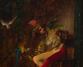 2373
Anatole Vely
(1838-1882)
"Jeune Page Dressant des Perroquets," 1873
Oil on panel
Signed and dated lower left: Vely. 1873.; titled on the frame plaque; titled again on a label affixed verso
10.25" H x 7.375" W
Estimate: $400 - $600