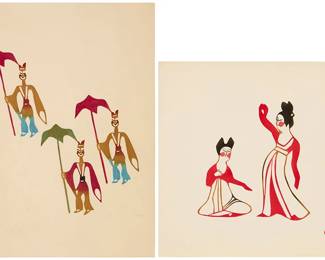 2224
Toshijiro (Nenjiro) Inagaki (1902-1963)
Two works:
"Archaic Smile," circa 1950s
Woodcut in colors on paper
From the edition of unknown size
Unsigned; two red ink chopmarks lower left
Sheet: 18.25" H x 13.25" W
"Tang Dancers," circa 1950s
Woodcut in colors on paper
From the edition of unknown size
Unsigned; two red ink chopmarks lower right
Sheet: 14" H x 13.875" W
Estimate: $200 - $300
