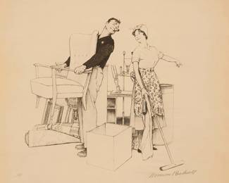 2258
After Norman Rockwell
(1894-1978)
"Settling In / Moving Furniture," circa 1950s-60s
Lithograph on paper
An artist's proof aside from the edition of unknown size and date
Signed and inscribed "AP" in pencil in the lower edge, possibly in another hand: Norman Rockwell; titled on a gallery label affixed to the frame's glass, lower right
Image: 13.25" H x 16.75" W; Sight: 15" H x 18.25" W
Estimate: $200 - $300