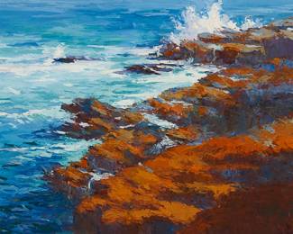 2004
Ann McMillan
(20th/21st Century)
"Point Lobos Shore"
Oil on Masonite
Signed lower right: A. McMillan; titled on a tag strung to the frame's hanging wire
25.5" H x 27" W
Estimate: $400 - $600