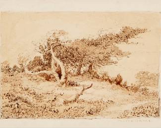 2072
Albert Thomas De Rome
(1885-1959)
Windswept tree
Ink and watercolor on paper
Signed lower right: A. De Rome
Image: 3.625" H x 5.25" W; Sight: 4.375" H x 6.125" W
Estimate: $400 - $600