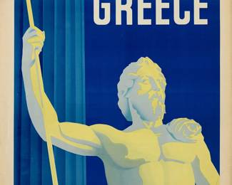 2244
Othon Pervolarakis
(1887-1974)
"Visit Greece," 1935
Lithograph in colors on paper
From the edition of unknown size
With the printed name of the artist and publisher, 1-9-35 date, and text: "Printed in Greece," in the lower margin; National Tourist Office of Greece, pub.
Image: 36.5" H x 24.125" W; Sight: 39" H x 27.25" W
Estimate: $300 - $500