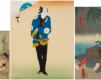 2218
Two Japanese woodcuts and one painting
Utagawa Kunisada (1786-1864)
"Scene from Tsui no Meoto Naka mo Yoshibei," 1859
Woodcut in colors on paper
From the edition of unknown size and date
With various printed Japanese characters throughout
Sight: 13" H x 9.125" W
Ito Sozan (1884-1926)
"Chicken Family," circa 1925
Woodcut in colors on paper
From the edition of unknown size and date
Signed in black ink in Japanese and two red ink chopmarks, all lower right
Sight: 9" H x 6.25" W
Unknown artist
Untitled, Portrait of a man
Pigment on fabric
Signed indistinctly in Japanese, lower left
Sight: 16.25" H x 13" W
Estimate: $200 - $300