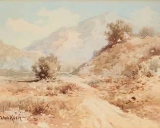 2106
Jakob Koch
(1876-1962)
"Santa Anita Canyon near Riverside, CA," circa 1902
Watercolor on paper
Signed lower left: Jakob Koch; titled and dated in ink, presumably in another hand, on the frame's backing paper
Sight: 10.25" H x 13.5" W
Estimate: $300 - $500