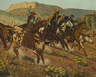 2192
Late 20th Century Western School
Cowboys roping steer, 1976
Oil on canvas
Signed and dated lower left: Jardon 76
20" H x 24" W
Estimate: $100 - $150