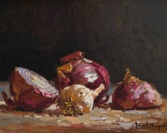 2172
John C. Traynor
(b. 1961)
"Red Onions and Garlic," 1992
Oil on board
Signed and dated lower right: John C. Traynor 92; titled by repute
9" H x 11.75" W
Estimate: $400 - $600