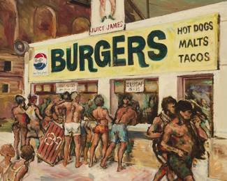 2390
Gerald Spencer
(1923-2008)
Juicy James Burgers on The Strand, Hermosa Beach
Oil on canvas
Signed lower right: Spencer
30" H x 24" W
Estimate: $300 - $500