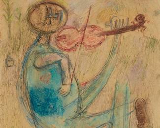 2382
Zero Mostel
(1915-1977)
Figure playing the violin
Pastel and watercolor on paper laid to Masonite
Signed and dated lower left: Mostel 1960
15" H x 11.25" W
Estimate: $200 - $300