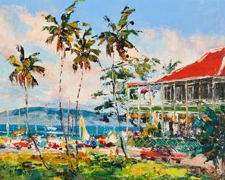 2013
Hajime Okuda
(1906-1992)
Hawaiian waterfront city scene, 1973
Oil on canvas
Signed and dated lower right: H. Okuda / 73; signed and dated again, inscribed with the artist's address, and with the artist's copyright ink stamps, all verso
18" H x 24" W
Estimate: $2,000 - $3,000