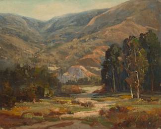 2110
William P. Krehm
(1901-1968)
"Hiker's Sanctuary"
Oil on canvas laid to board
Signed lower left: Wm. P. Krehm; titled verso, and again on the artist's label affixed verso
16" H x 20" W
Estimate: $500 - $700