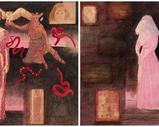 2357
Elizabeth Chandler
(b. 1941)
Two Surrealist figural works, 1989
Each: Mixed media on paper
Each: Signed and dated lower right: E. Chandler '89
Sight of each: 23.5" H x 19.75" W
Estimate: $500 - $700