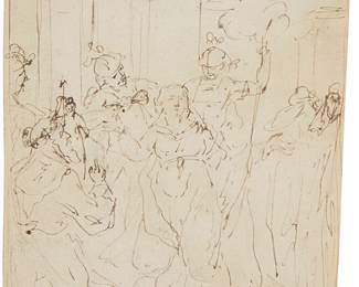 2397
17th Century Italian School
"A Female Saint with the Virgin and Child"
Ink on laid paper
Unsigned; inscribed in graphite, presumably in another hand, verso: "7950"; titled on a gallery label affixed to the frame's backing paper
Sheet: 9" H x 6.25" W (irreg.)
Estimate: $200 - $300