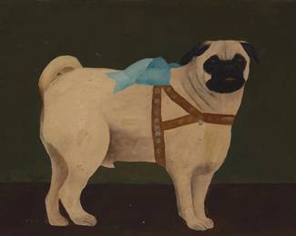 2178
Late 19th Century British School
Portrait of a pug, circa 1900
Oil on blackboard
Unsigned; inscribed in pencil, possibly in another hand, verso: "For Wednesday / Ms. Scholly-Sufford"
12.125" H x 18.5" W
Estimate: $400 - $600