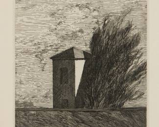 2269
Gordon Cook
(1927-1985)
Tower and tree (Sacramento)
Etching and aquatint on wove paper
Edition: 22/40
Signature/copyright estate stamp in the lower margin, at right: Gordon Cook / © Estate; titled by repute; numbered in pencil in the lower margin, at left; an unidentified blindstamp in the lower right margin corner
Plate: 5.5" H x 5" W; Sheet: 11" H x 10" W
Estimate: $100 - $200