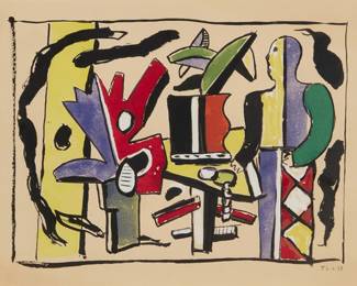 2236
After Fernand Leger
(1881-1955)
"L'Artiste dans le Studio" from "Douze Contemporains," 1959
Lithograph in colors on wove paper
From the edition of 970
Initialed and dated (with the original 1938 Marquette) in the plate, lower right: F.L. 6.38; Editions d'Art du Lion, Paris, pub., in 1959
Image: 10.5" H x 14" W; Sight: 12" H x 16" W
Estimate: $300 - $500