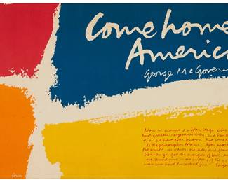 2241
After Corita (Sister Mary) Kent
(1918-1986)
"A Wider Stage," 1972
Offset lithograph in colors on paper
With the printed signature and date lower left and right edge, respectively: Corita / © 1972; Lithographers and Photoengravers International Union, Los Angeles, CA, prntr.
Image/Sheet: 13.25" H x 24.5" W
Estimate: $100 - $150