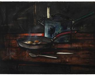 2168
Regis de Bouvier de Cachard
(1929-2013)
Still life with a frying pan and eggs, 1961
Oil on canvas
Signed and dated lower left: de Cachard / 61
30" H x 40" W
Estimate: $500 - $700