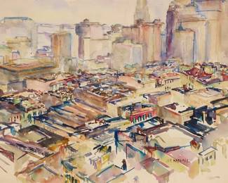 2143
Joseph Raphael
(1869-1950)
View of the city
Watercolor on paper
Signed lower right: Joe Raphael
Sight: 16.625" H x 23" W
Estimate: $1,000 - $1,500