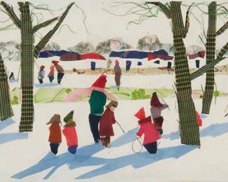 2231
Hang Faji
(b. 1946)
"Spring," 1979
Fabric collage on paper mounted to light green paper
Signed in Chinese and dated in ink, lower right: 1979·2·; titled on a label, and inscribed with various numeric notations, all in another hand, on the frame's backing paper
Sheet: 6.25" H x 10.375" W
Estimate: $100 - $200