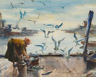 2028
James Milton Sessions
(1882-1962)
Figure on the dock
Watercolor on paper
Signed lower left: Sessions
Sight: 13.625" H x 17.5" W
Estimate: $300 - $500