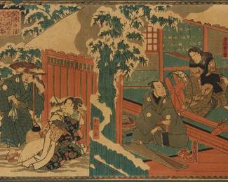 2215
Utagawa Kuniteru I
(active 1820-1860)
"Act IX of the Play A Board Game of the Road to Iga Pass," 1847-52
Woodcut in colors on paper
From the edition of unknown size and date
With various printed black ink characters; titled by repute; Yamamotoya Heikichi, pub.
Image/Sheet: 9" H x 13.875" W
Estimate: $300 - $500