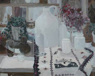 2166
June Owen
(1930-2023)
Still life with jug and duck decoy from the "Jar" series
Acrylic on canvas
Appears unsigned
35.5" H x 35.5" W
Estimate: $700 - $900