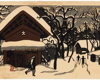 2210
Kiyoshi Saito
(1907-1997)
"Aizu in Snow (Two Skiers)" from the "Aizu" series, 1960
Woodcut in colors on paper laid to paperboard
From the edition of unknown size
Signed in pencil in the lower margin, at left: Kiyoshi Saito; with the artist's red ink chopmark in the image, lower left
Image: 10.125" H x 15.5" W; Sheet: 11.125" H x 16.75" W
Estimate: $200 - $300