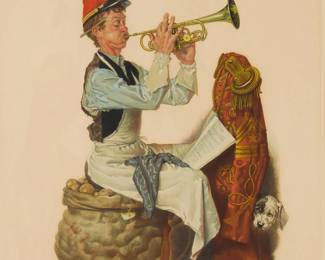 2257
After Norman Rockwell
(1894-1978)
"Trumpet Practice," circa 1931
Lithograph in colors on paper
Edition: 70/200
Signed and numbered in pencil in the lower edge, possibly in another hand: Norman Rockwell
Image: 20" H x 14" W (approx.); Sight: 24.5" H x 18.75" W
Estimate: $300 - $500